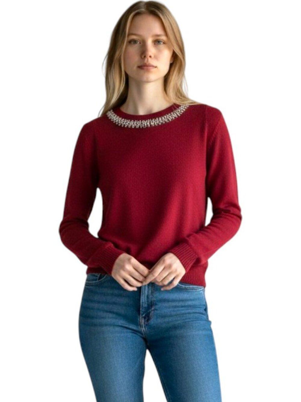NWT Hooked Up IOT Rhinestone Crew Neck Embellished Knit Sweater Red Medium M